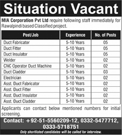MIA Corporation Pvt Ltd Rawalpindi Jobs 2025 March Duct Fabricator / Fitter & Others Latest