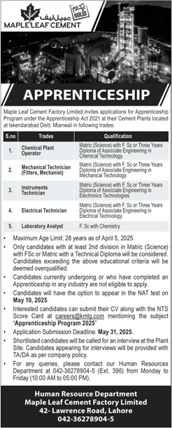 Maple Leaf Cement Factory Mianwali Apprenticeships 2025 March / April Apprentices Jobs Latest
