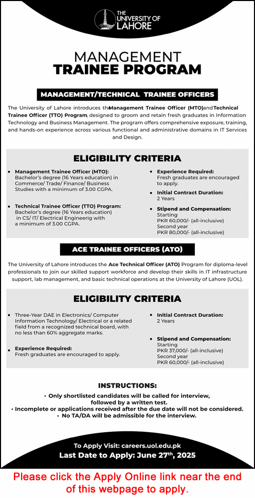 University of Lahore Management Trainee Program 2025 June Apply Online UOL Latest