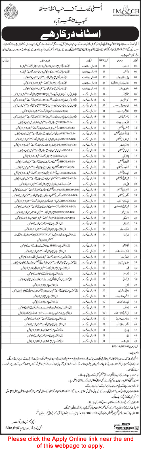 Institute of Mother and Child Health Shaheed Benazirabad Jobs 2025 August Apply Online IM&CH Latest