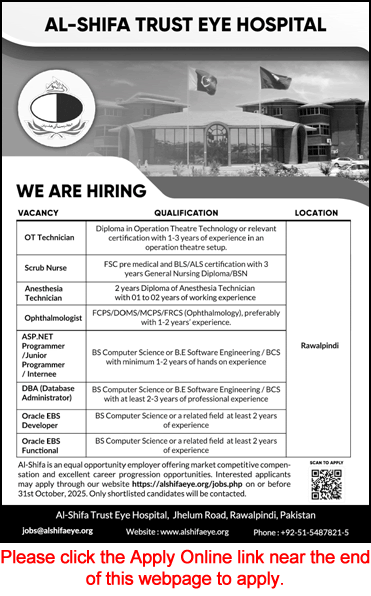 Al Shifa Trust Eye Hospital Rawalpindi Jobs October 2025 Apply Online Nurse, OT Technician & Others Latest
