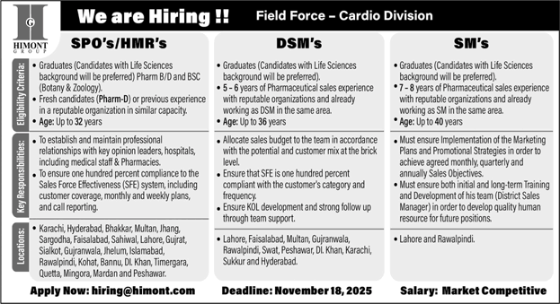 Himont Group Pakistan Jobs November 2025 Sales Promotion Officers & Sales Managers Latest