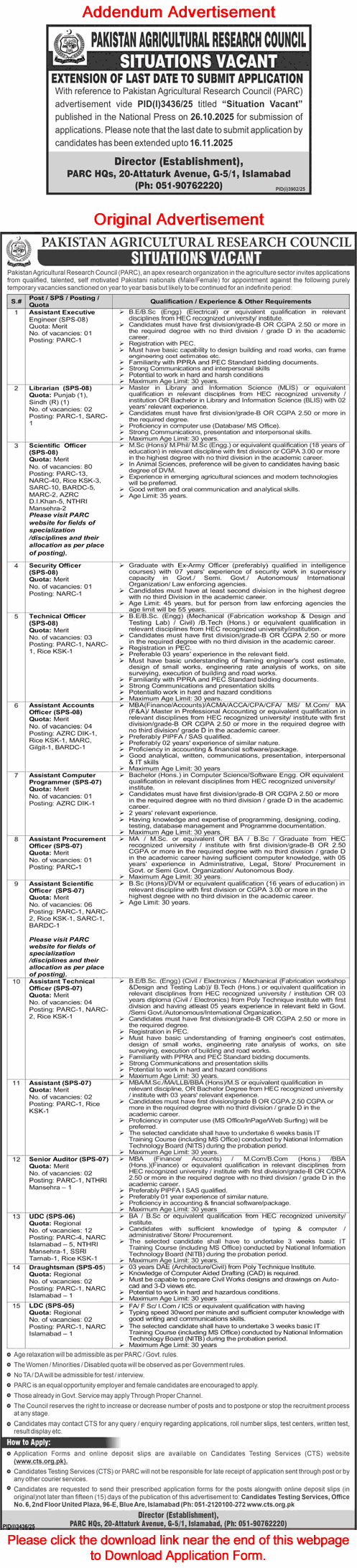 PARC Jobs November 2025 CTS Application Form Last Date Extension Corrigendum Latest