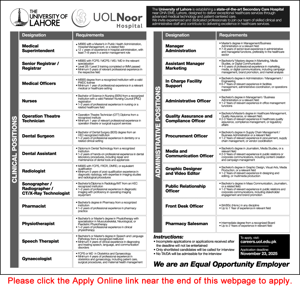 UOL Noor Hospital Lahore Jobs 2025 November Apply Online Medical Officers, Nurses & Others Latest