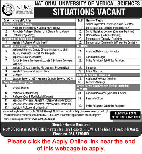 NUMS University Rawalpindi Jobs November 2025 Apply Online Teaching Faculty & Others Latest