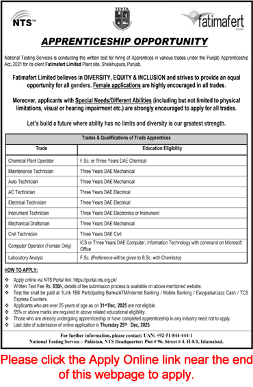 Fatimafert Limited Sheikhupura Apprenticeships December 2025 NTS Online Apply TEVTA Latest