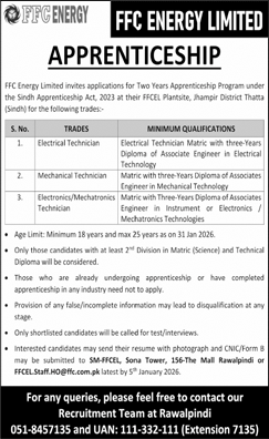 FFC Energy Limited Apprenticeship 2025 December FFCEL Electrical / Mechanical / Electronics Technicians Latest
