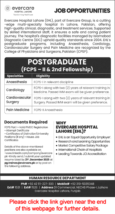 Evercare Hospital Lahore FCPS Postgraduate Training December 2025 EHL Latest
