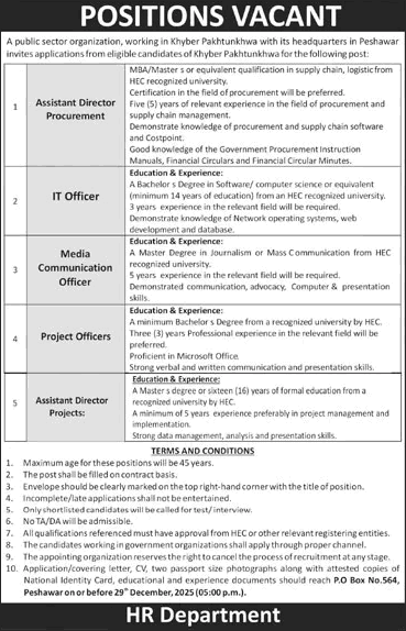 PO Box 564 Peshawar Jobs 2025 December IT Officer, Media Communication Officer & Others Public Sector Organization Latest