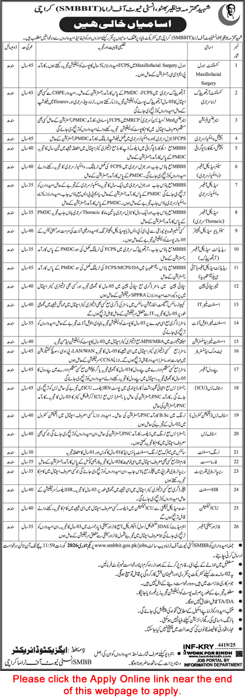 Shaheed Mohtarma Benazir Bhutto Institute of Trauma Karachi Jobs December 2025 Apply Online SMBBIT Latest