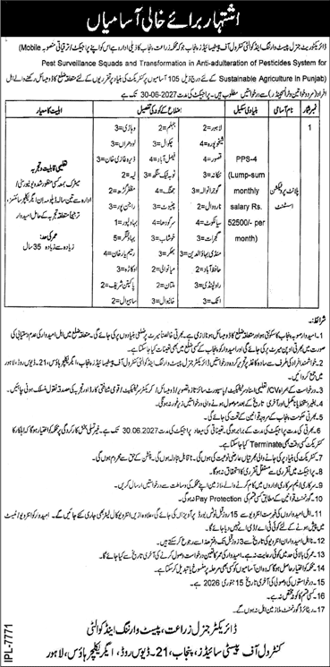 Plant Protection Assistant Jobs in Pest Warning and Quality Control of Pesticides Punjab 2025 December Agriculture Department Latest