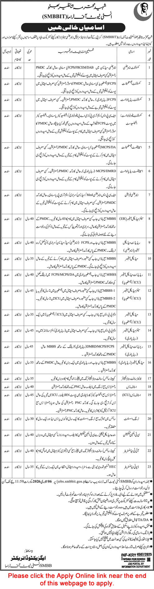 Shaheed Mohtarma Benazir Bhutto Institute of Trauma Karachi Jobs December 2025 / 2026 Apply Online SMBBIT Latest