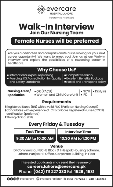 Nurse Jobs in Evercare Hospital Lahore December 2025 / 2026 Walk in Interview Latest