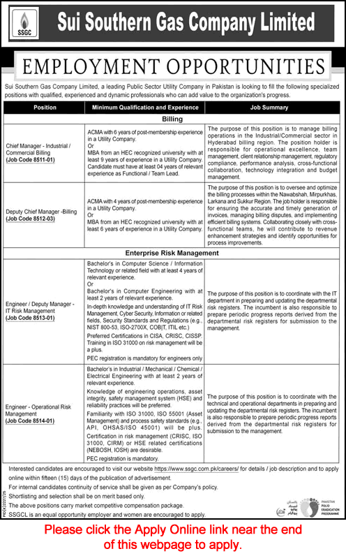 SSGC Jobs December 2025 / 2026 Apply Online Sui Southern Gas Company Limited Latest