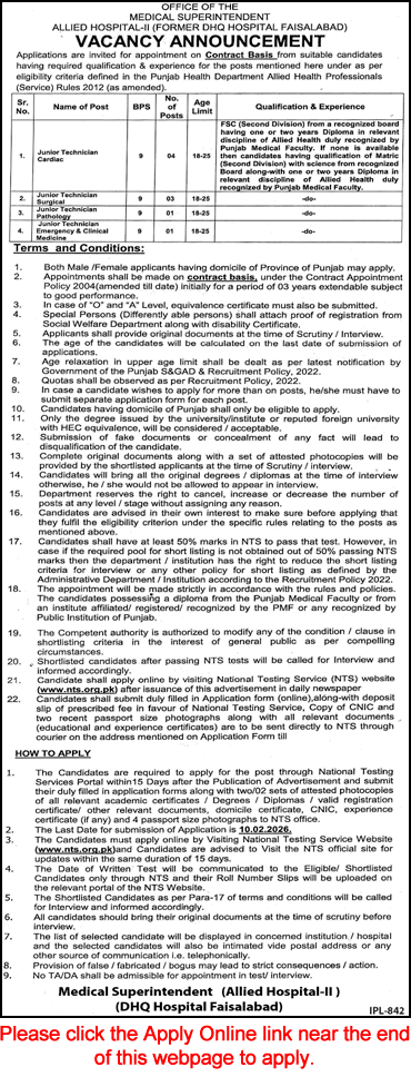 Allied Hospital Faisalabad Jobs 2026 NTS Apply Online Medical Technicians DHQ Hospital Latest