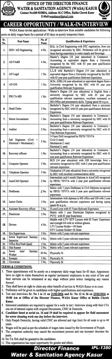 Water and Sanitation Agency Kasur Jobs 2026 February Sanitary Workers, Drivers, Clerks & Others WASA Walk in Interview Latest