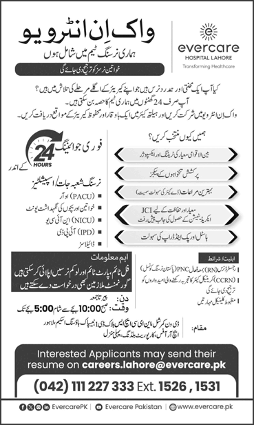 Nurse Jobs in Evercare Hospital Lahore February 2026 Latest