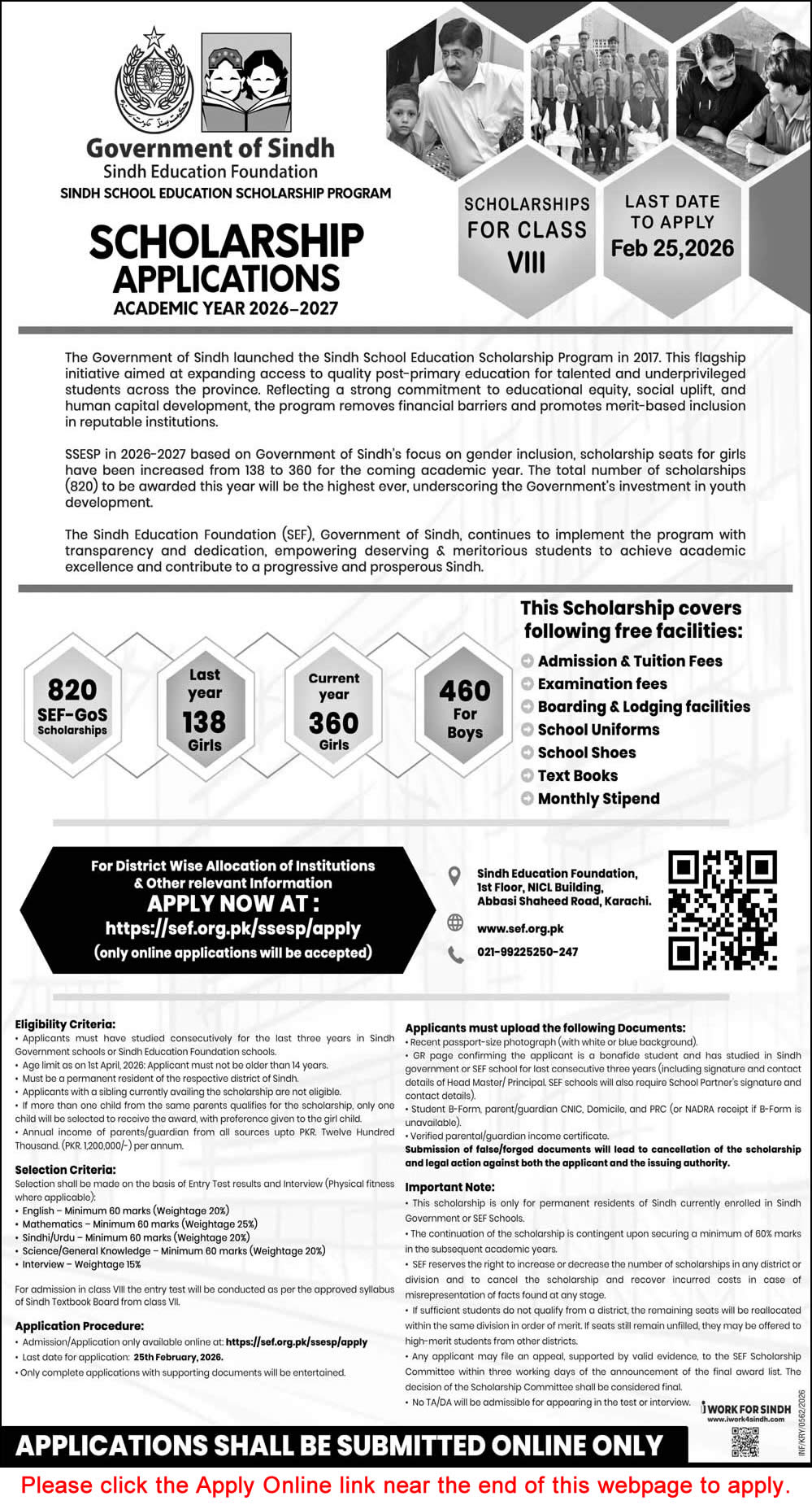 Sindh School Education Scholarship Program 2026-27 Apply Online Sindh Education Foundation (SEF) SSESP Latest