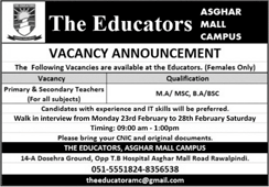 The Educators Asghar Mall Campus Rawalpindi Jobs 2026 February Female Teachers Walk in Interview Latest