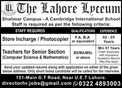Lahore Lyceum School Jobs 2026 February Teachers & Others Shalimar Campus Latest