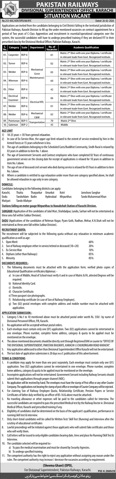 Pakistan Railways Karachi Division Jobs 2026 March Pointsman, Gateman, Wireman & Others Latest