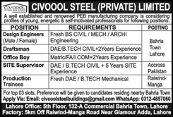 Official Job Advertisement - Civoool Steel Pvt Ltd Pakistan Jobs 2026 March Site Supervisors, Design Engineers & Others Latest