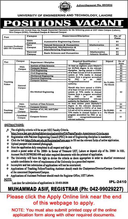 Official Job Advertisement - UET Lahore Jobs March 2026 Apply Online Teaching Faculty & Others Latest