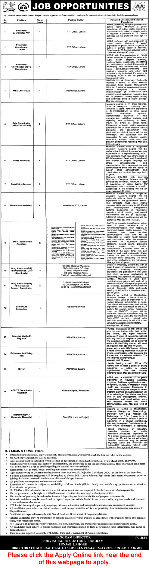 Provincial TB Control Program Punjab Jobs 2026 March Apply Online Tehsil TB Officers & Others Latest