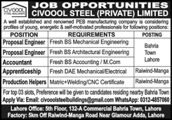 Civoool Steel Pvt Ltd Lahore Jobs March 2026 Proposal Engineers, Apprenticeship, Accountant & Production Helper Latest