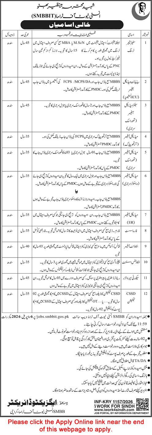 Shaheed Mohtarma Benazir Bhutto Institute of Trauma Karachi Jobs 2026 March Apply Online SMBBIT Latest