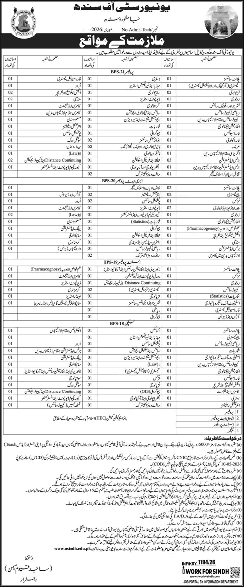 University of Sindh Jamshoro Jobs 2026 March Teaching Faculty Latest