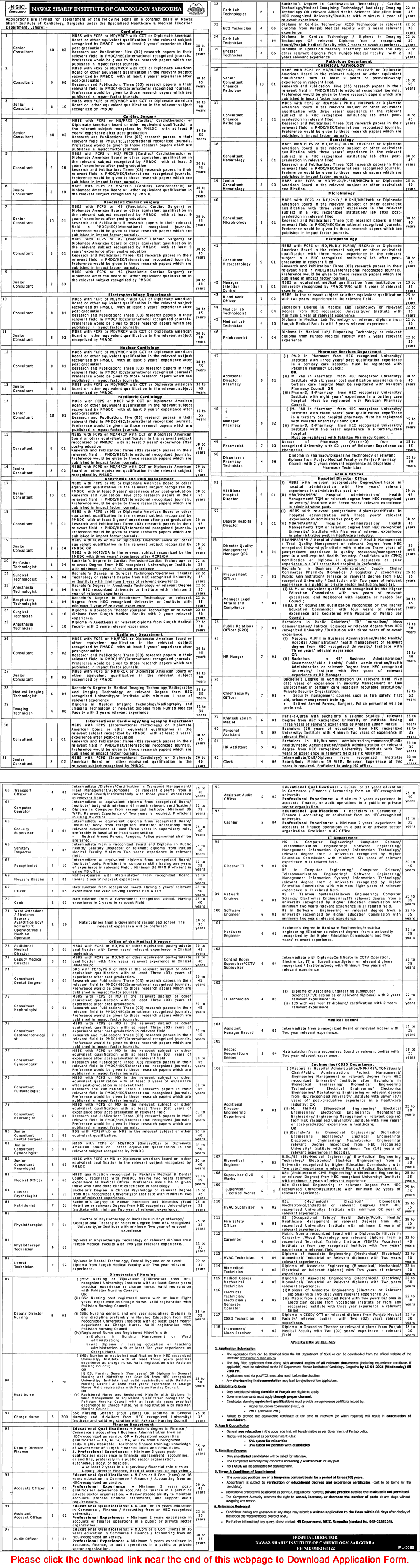 Nawaz Sharif Institute of Cardiology Sargodha Jobs 2026 March / April Application Form NSIC Latest