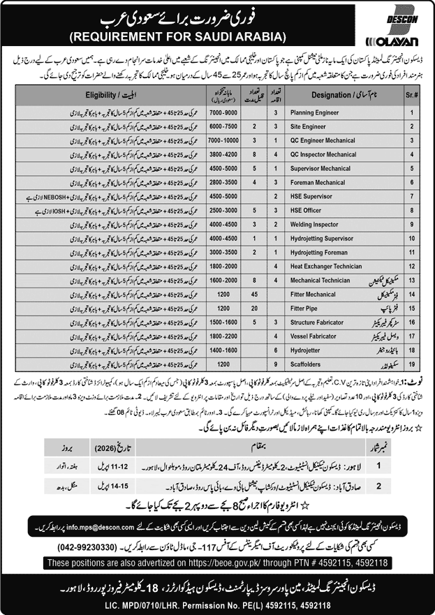 DESCON Engineering Saudi Arabia Jobs 2026 April Fitters, QC Inspector / Engineers & Others Olayan Latest