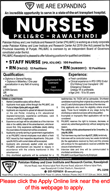 Nurses Jobs in PKLI Rawalpindi 2026 April Apply Online Pakistan Kidney and Liver Institute and Research Center Latest
