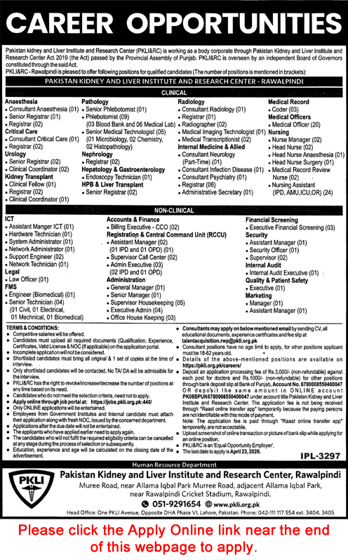 PKLI Rawalpindi Jobs April 2026 Apply Online Pakistan Kidney and Liver Institute and Research Center Latest
