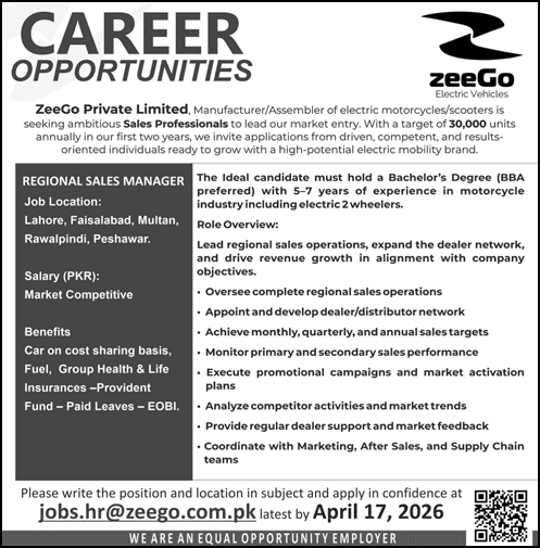 Sales Manager Jobs in ZeeGo Pvt Ltd Pakistan 2026 April Electric Vehicles Latest