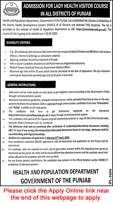 Lady Health Visitor Free Courses in Health and Population Department Punjab 2026 April Apply Online Latest