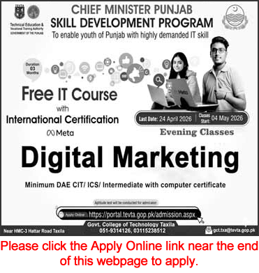TEVTA Punjab Free IT Courses 2026 April Apply Online at Government College of Technology Taxila CM Punjab Skill Development Program Latest