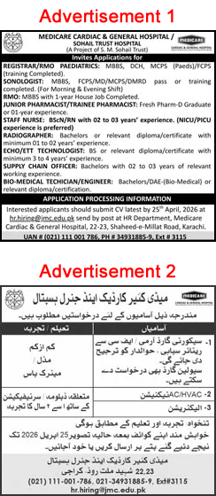Medicare Cardiac and General Hospital Karachi Jobs 2026 April Nurses, Medical Officers & Others Sohail Trust Latest