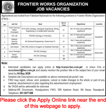 FWO Jobs 2026 April Apply Online Geologists, Lab Analyst & Others Frontier Works Organization Latest