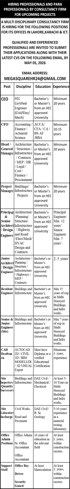 Consultancy Firm Jobs in Islamabad / Lahore / Karachi April 2026 May Architect, Site Inspectors & Others Berkeley Associates Latest