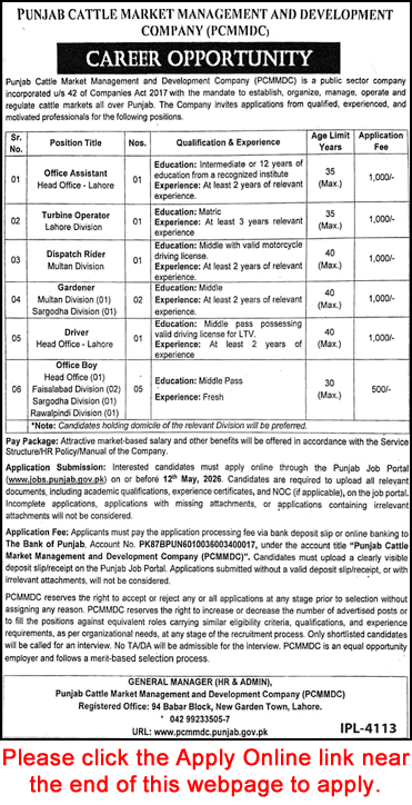 Punjab Cattle Market Management and Development Company Jobs April 2026 May Apply Online PCMMDC Latest