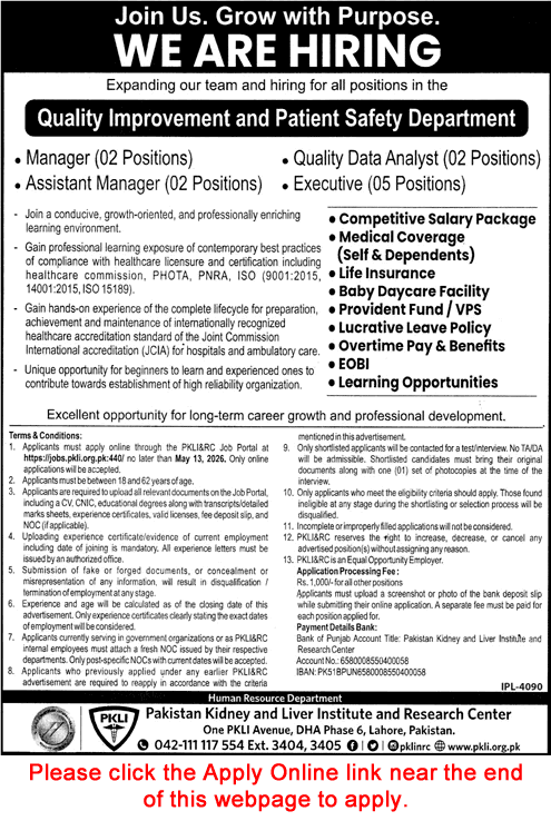 PKLI Lahore Jobs April 2026 May Apply Online Executives, Assistant / Managers & Quality Data Analysts Latest