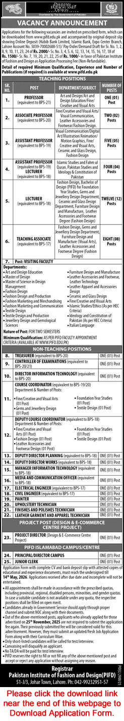Pakistan Institute of Fashion Design Lahore Jobs April 2026 May Application Form Teaching Faculty & Others PIFD Latest