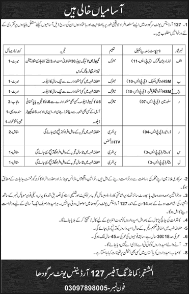 127 Ordnance Depot Sargodha Jobs 2026 May Storeman, Drivers & Others Pakistan Army Latest