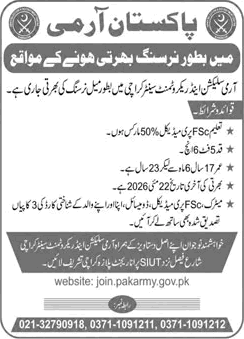 Male Nurse Jobs in Army Selection and Recruitment Center Karachi 2026 May Latest