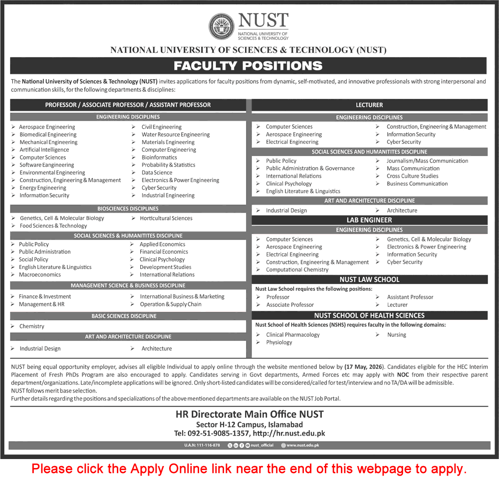 NUST University Islamabad Jobs May 2026 Apply Online Teaching Faculty & Lab Engineer Latest