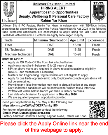 Unilever Pakistan Apprenticeship Program 2026 May Apply Online BW&PC Factory Rahim Yar Khan Latest