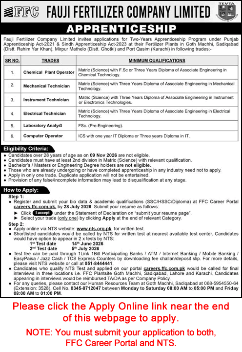 FFC Apprenticeship 2026 May NTS Online Apply Fauji Fertilizer Company Limited Latest