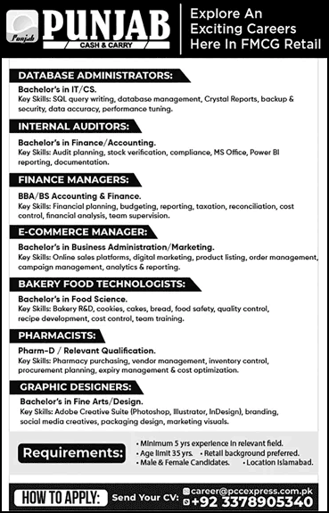 Punjab Cash and Carry Islamabad Jobs 2026 May Pharmacists, Graphic Designers & Others PCC Latest